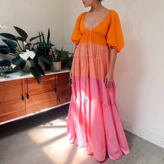 STAUD | NWT!! Pink Meadow Tiered Crepe De Chine Maxi Dress size: XS