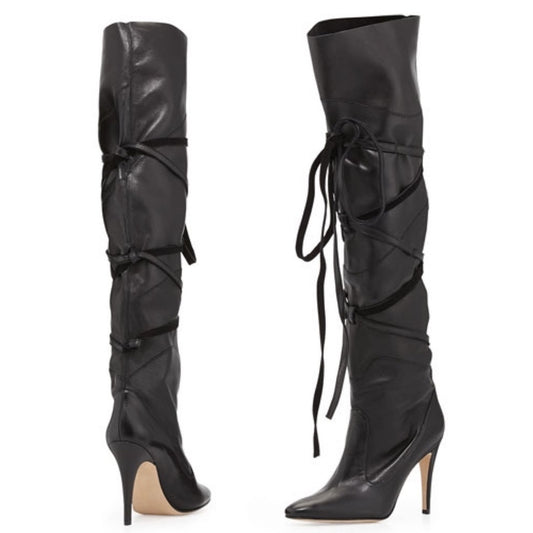 Manolo Blahnik | Cavaba Wrapped Leather Over-the-Knee Black Boot